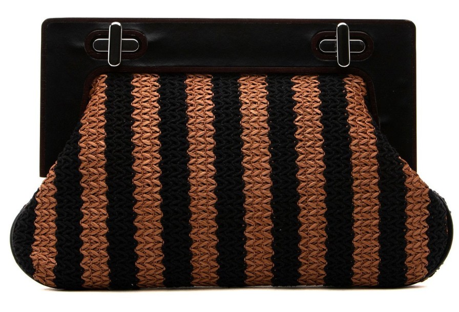 Women Staud Clutches | Alba Frame Clutch Black/Tan Seashore Stripe