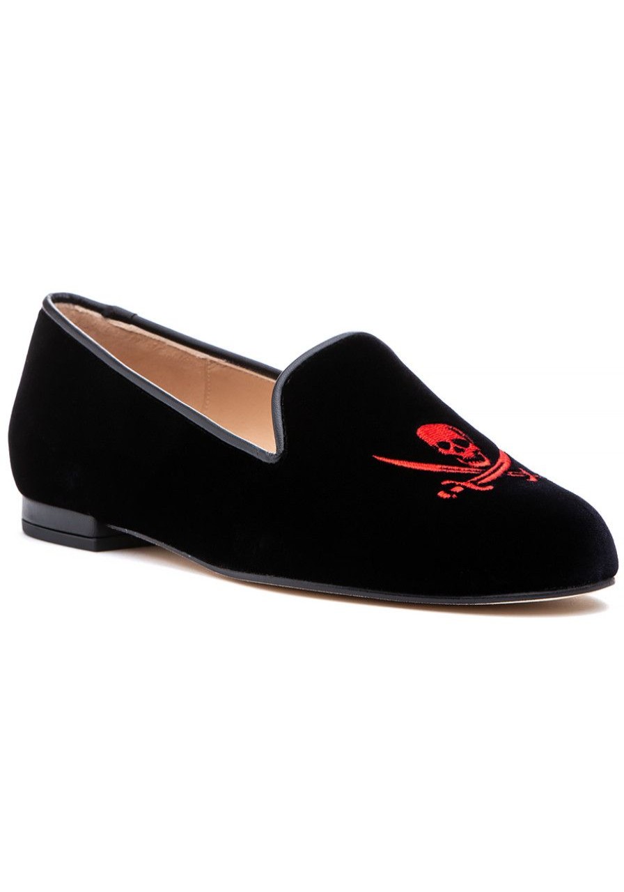 Women Jon Josef Flats | Skull Loafer Black Velvet/Red