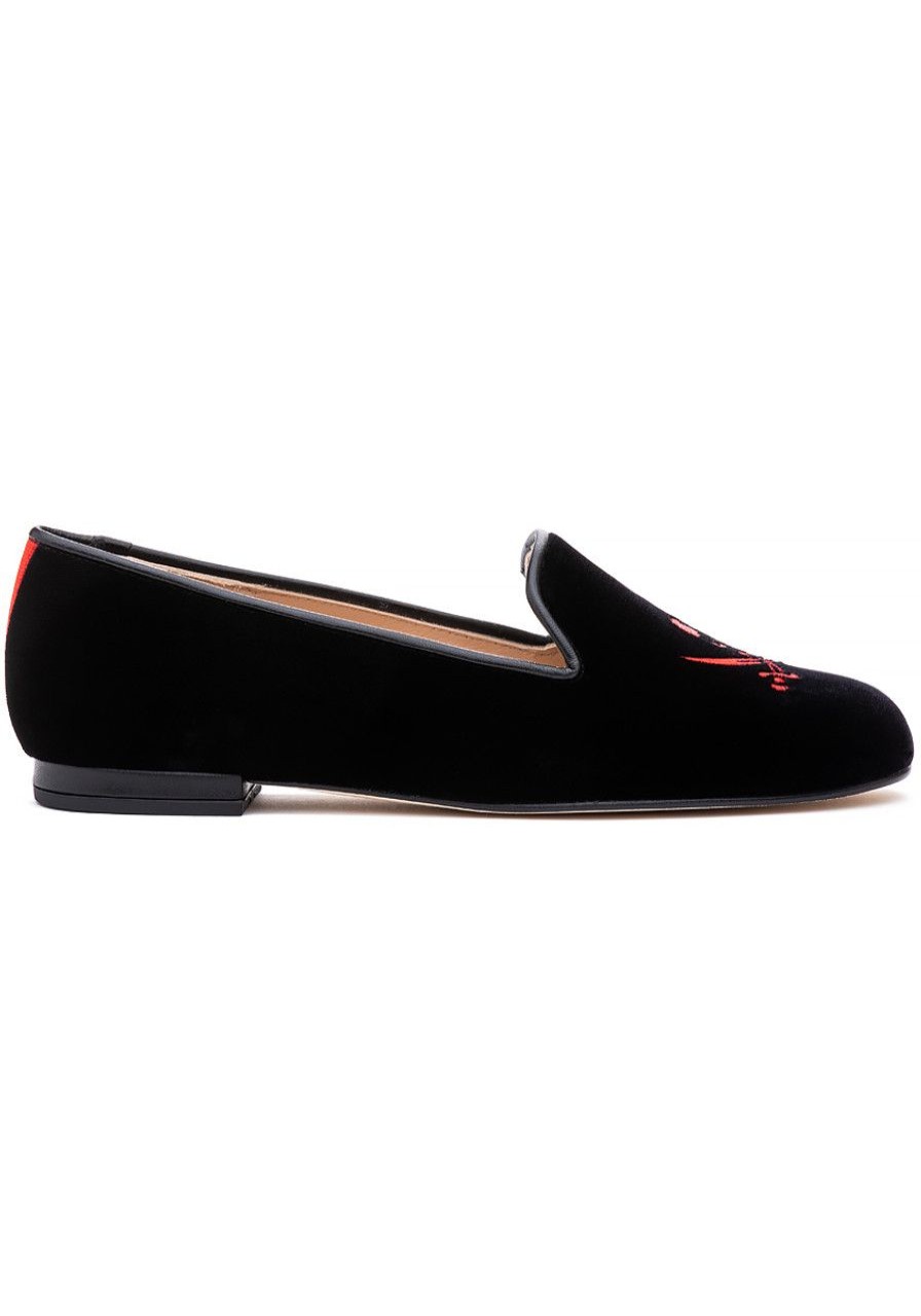 Women Jon Josef Flats | Skull Loafer Black Velvet/Red