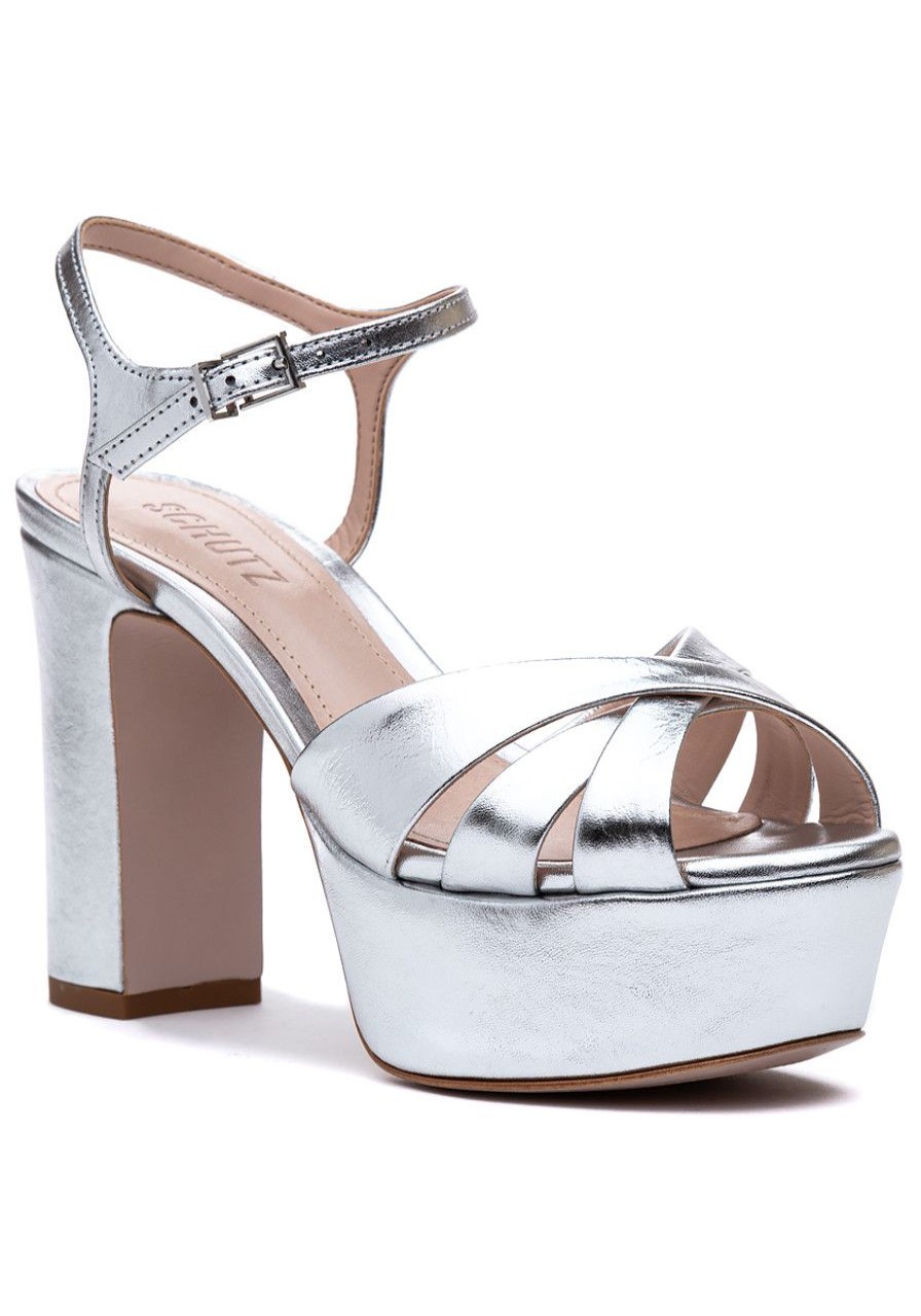 Women Schutz Sandals | Keefa Sandal Silver Metallic Leather