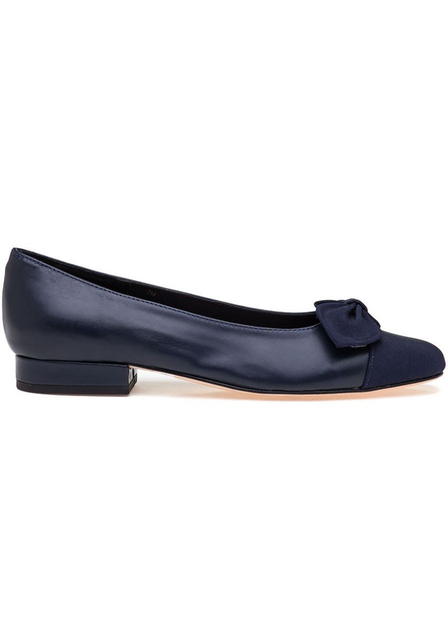 Women Jildor Flats | Freda Bow Flat Navy Leather/Navy Grosgrain